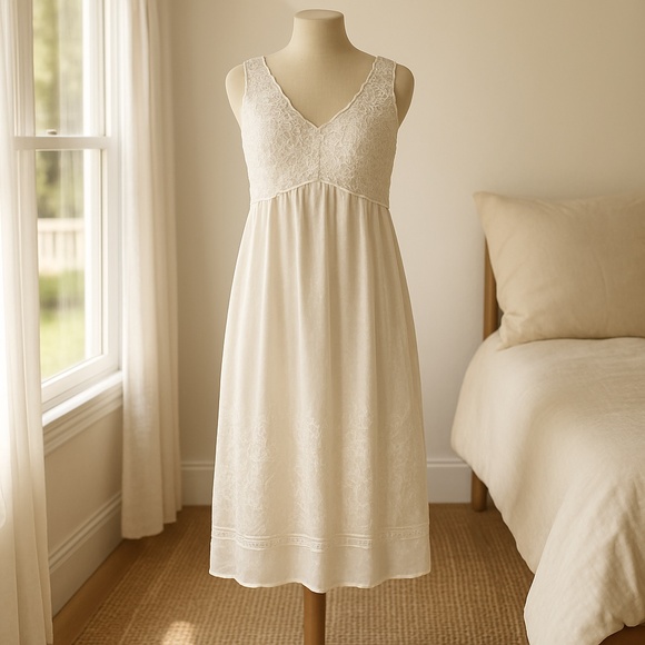 Victoriana White 100% Cotton Lace Empire Nightgown Cottagecore Slip Dress M - Picture 2 of 14